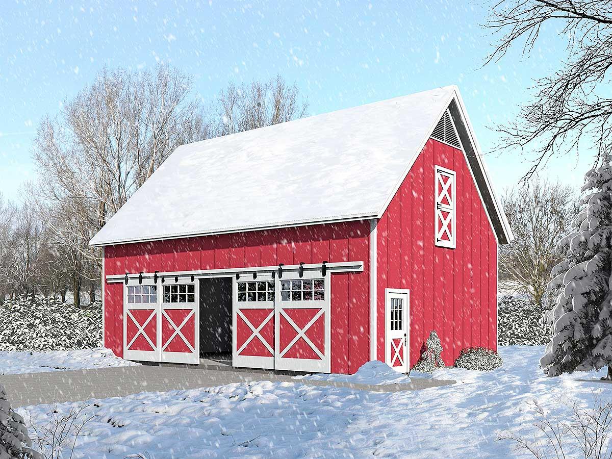 Barn style house plan exterior with red siding, snow-covered roof, and multiple sliding barn doors.