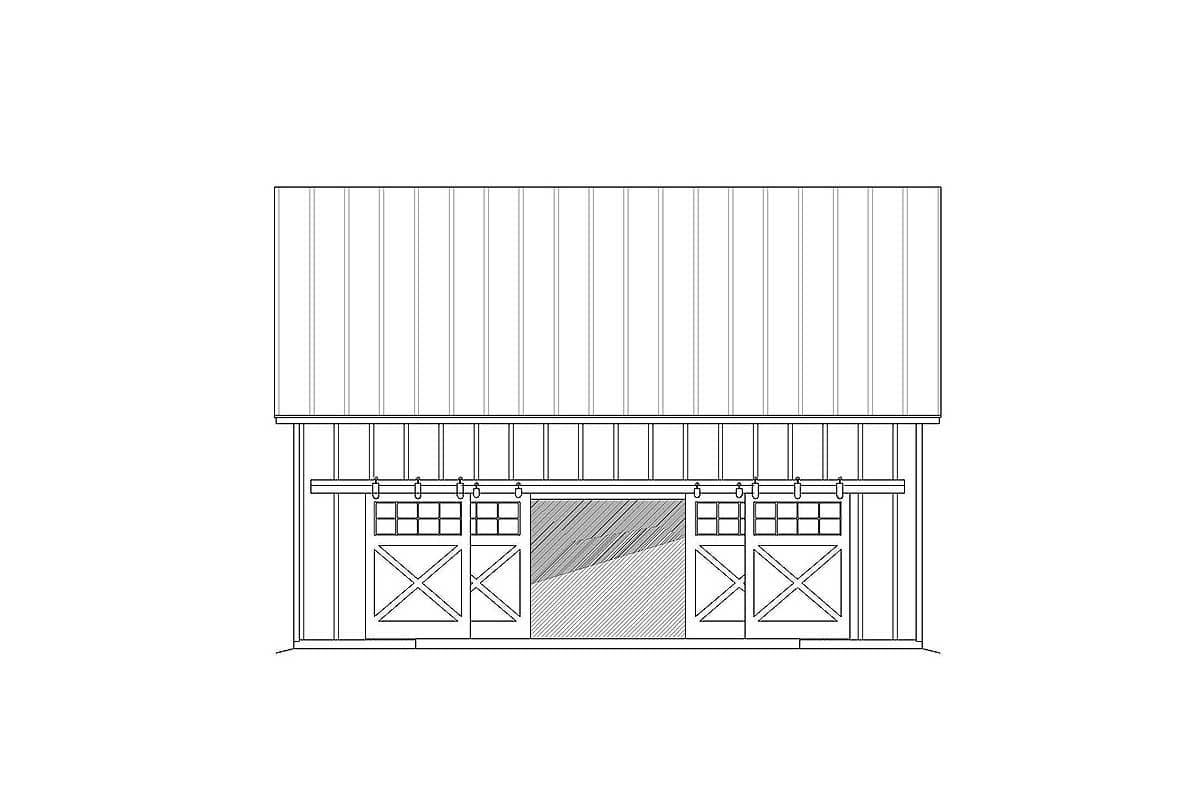 House plan exterior elevation showing two barn doors with upper windows and a metal roof.