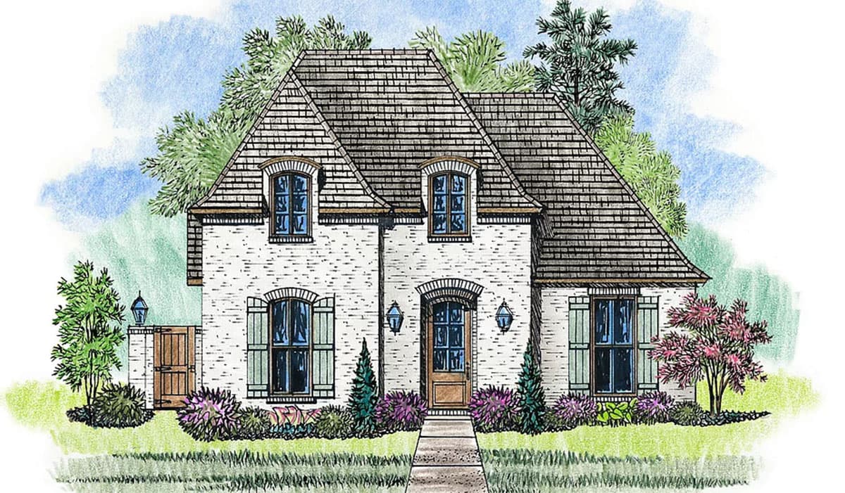 House plan exterior. Two-story French style house with arched entry, dormers, and gabled roof. Features shutters and a brick facade.