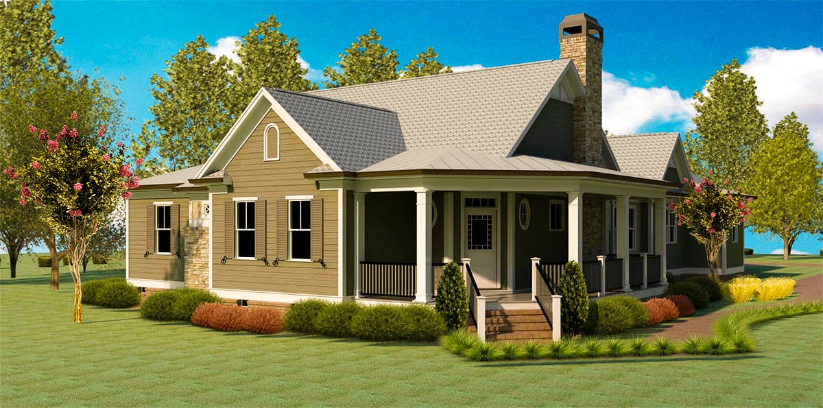 House plan exterior with Craftsman style. Features include a front porch, gabled roof, and stone chimney. One story home with shutters.