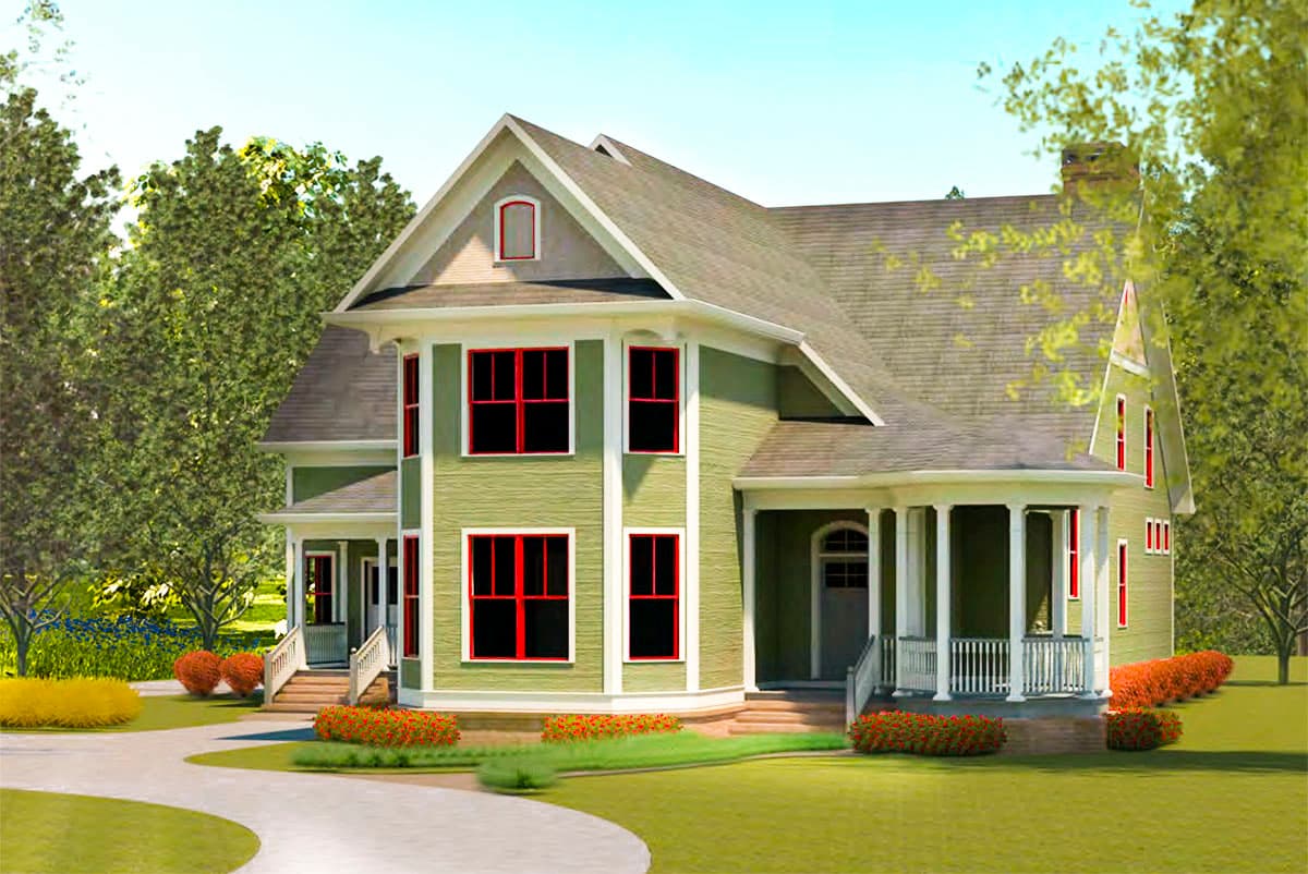 House plan exterior. Two-story house in Victorian style with a prominent gable roof, wrap-around porch, and dormers.