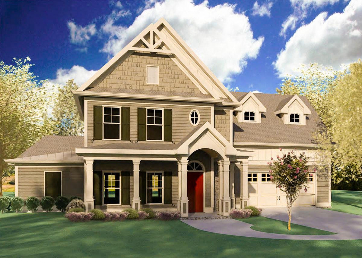 House plan exterior rendering. Two-story home with a gabled roof, front porch, and dormers. Garage with carriage-style doors and a side entry.
