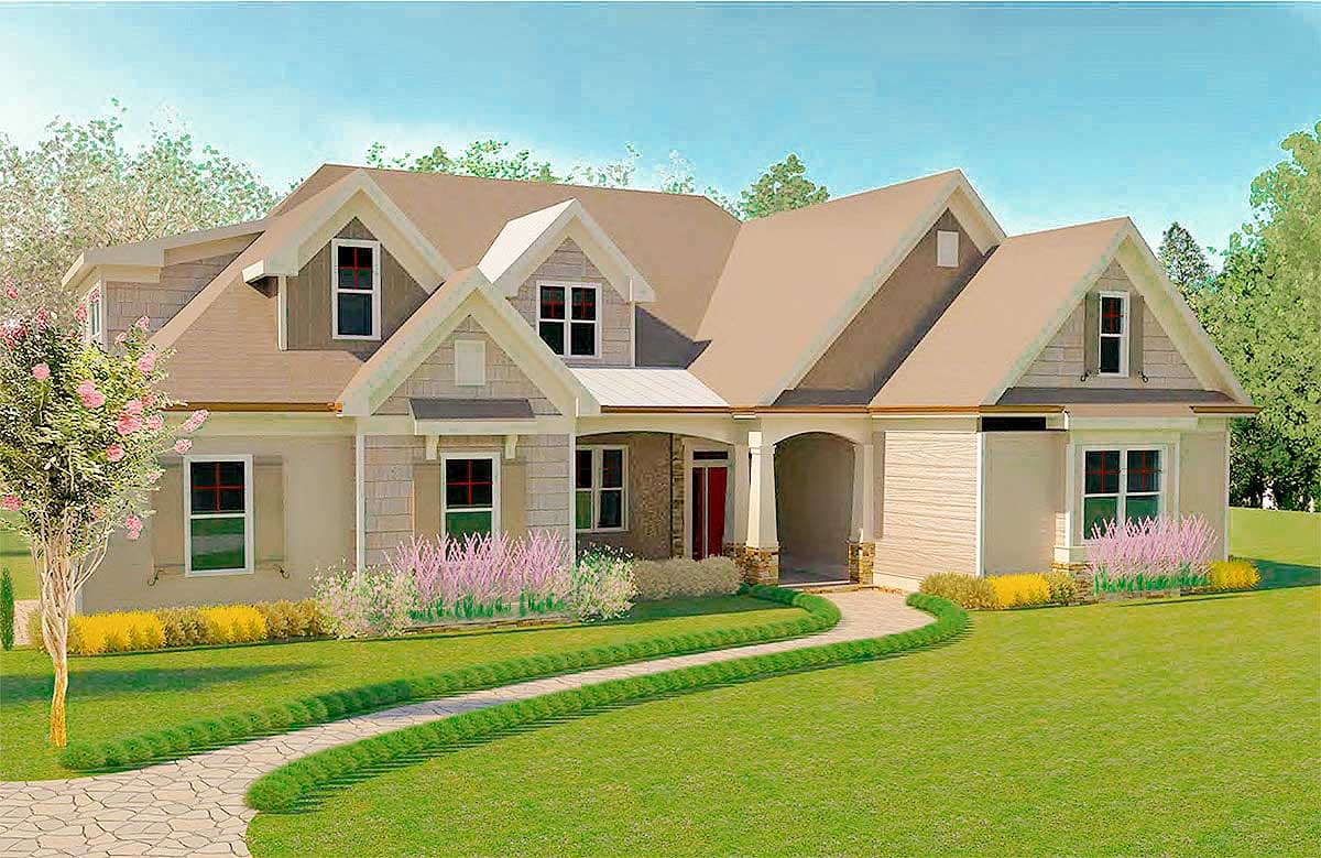 House plan exterior. Two-story home with a gabled roof, dormers, and a covered front porch with arched entryway. Stucco and siding exterior.