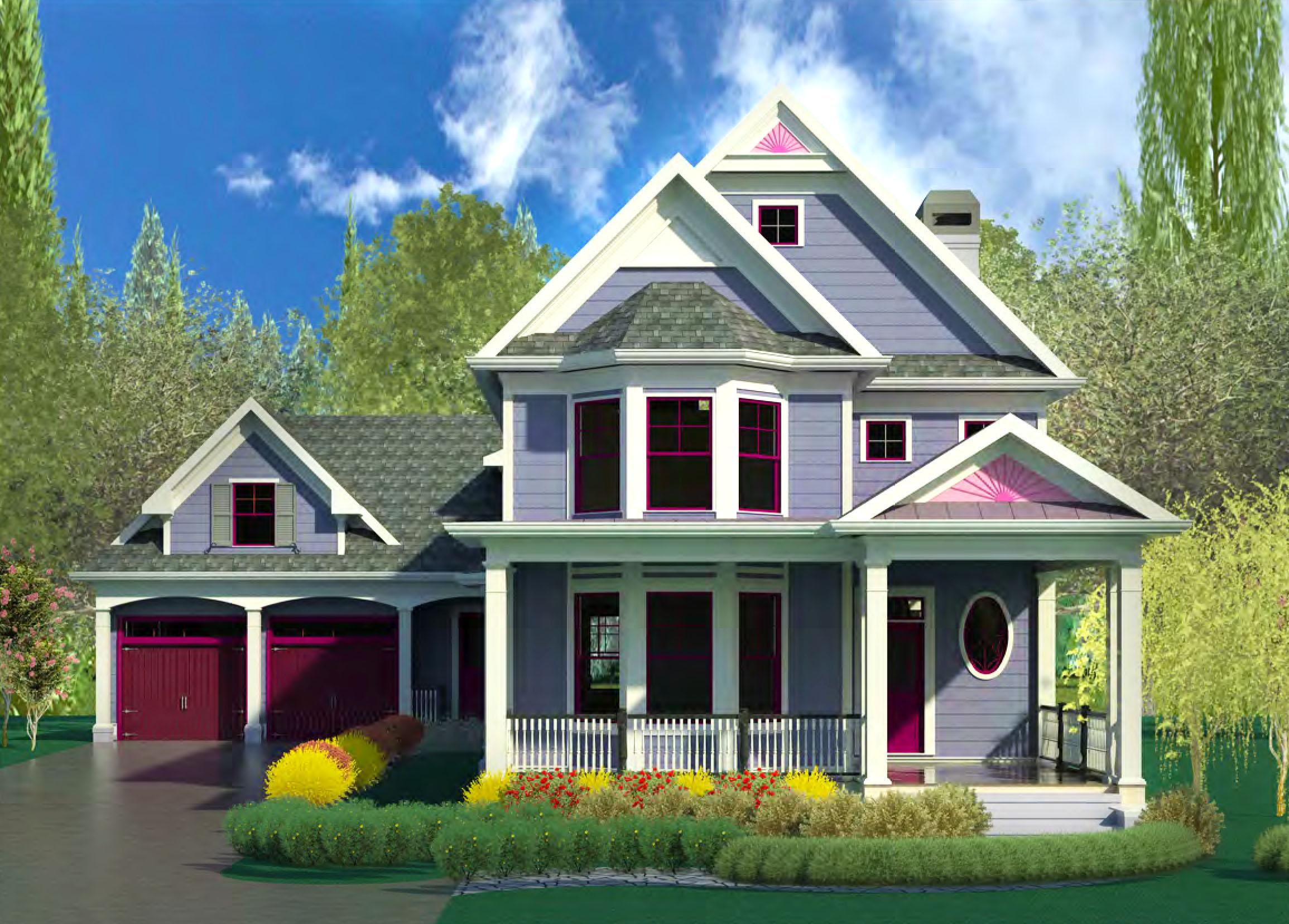 House plan exterior with two stories, a front porch, a bay window, gables, and a two-car garage. Blue siding and a gray roof.