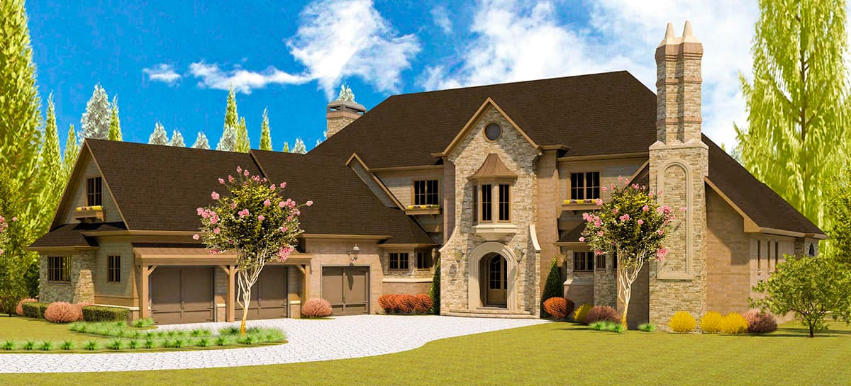 House plan exterior with stone facade, two-story structure, gabled roof, arched entryway, and attached garage. Includes a prominent chimney.