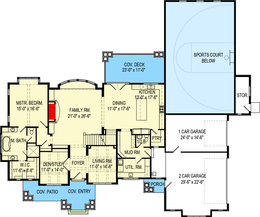 Plan 290000IY: Luxurious Craftsman House Plan with Optional Sports Court - 4034 Sq Ft - Floor Plan - Main Level - Craftsman, New American, Northwest