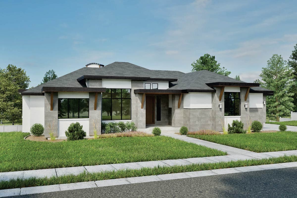 Modern house plan exterior with stone and white stucco, featuring large windows, a prominent entryway, and varied rooflines.