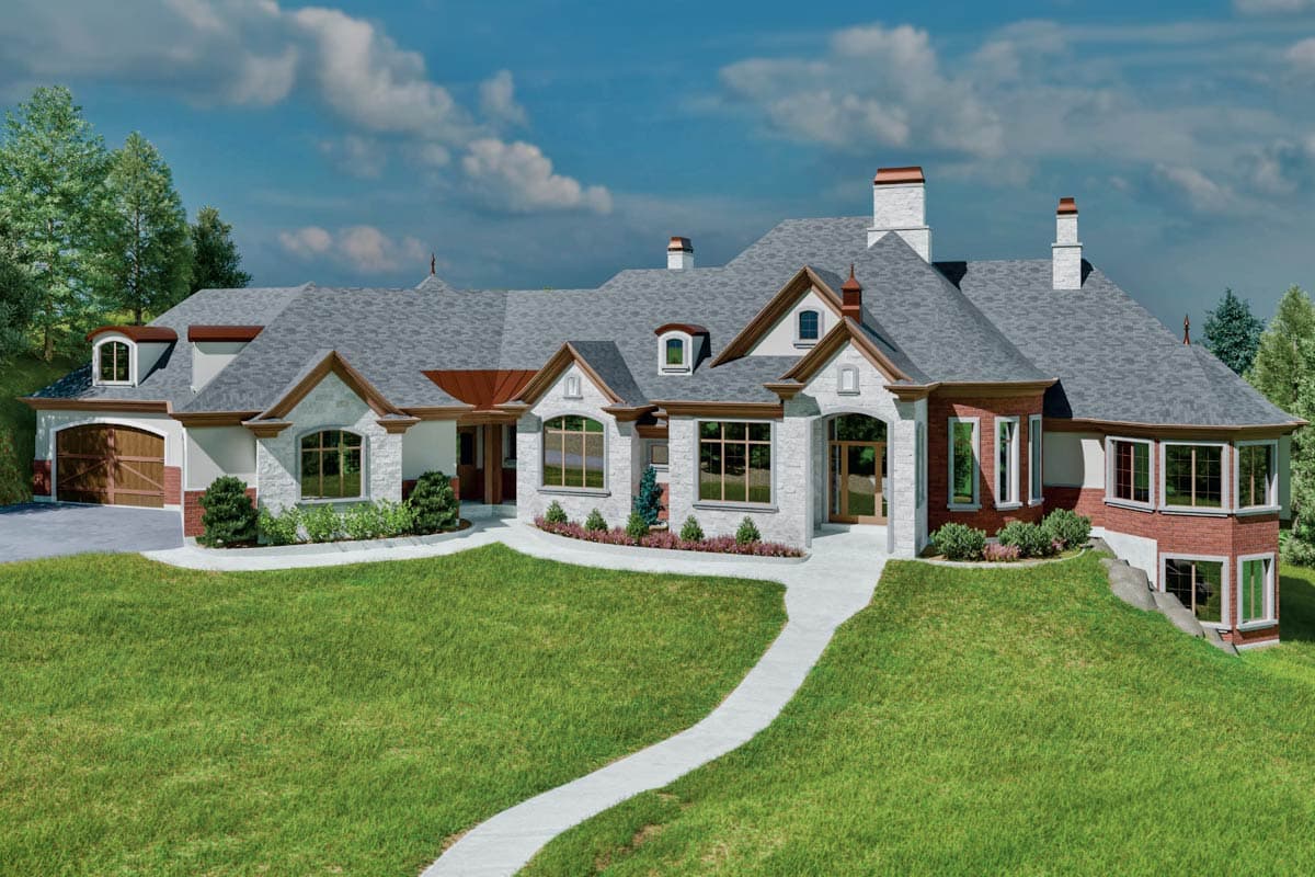 House plan exterior with stone and brick facade, multiple gables, dormers, and a detached garage with wood door.