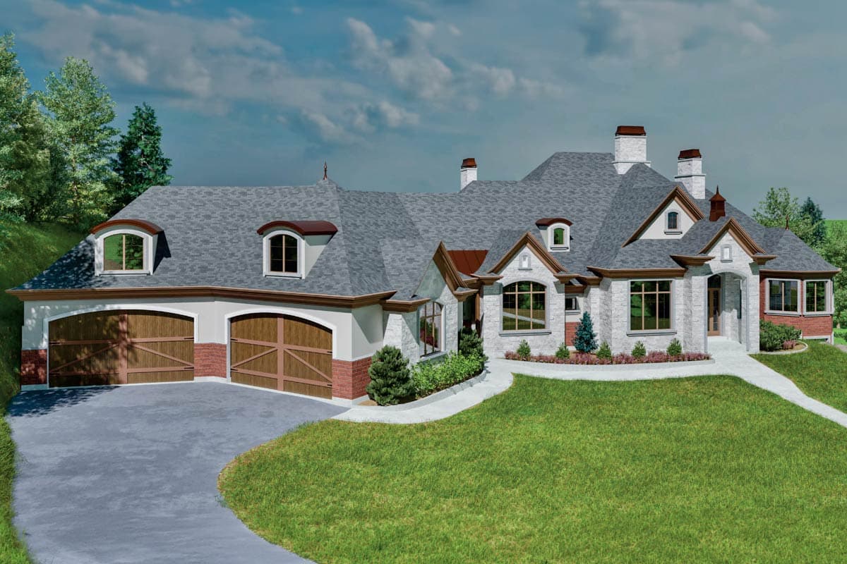House plan exterior featuring a stone facade, arched dormers, a three-car garage, and multiple gables.