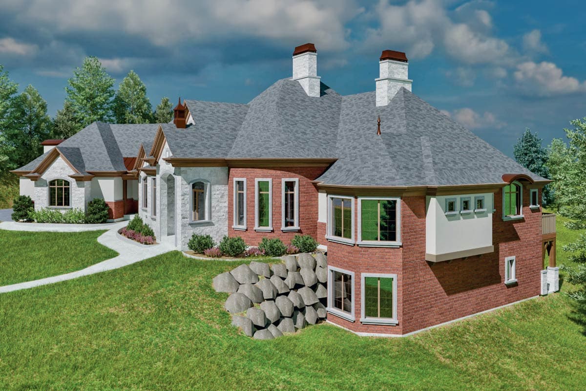 House plan exterior with stone and brick facade, multiple gables, and bay windows.