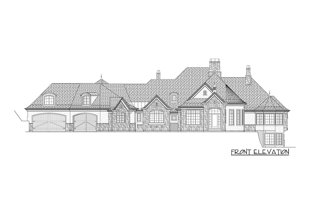 Front elevation drawing of a large house with multiple gables, dormers, stone facade, and a three-car garage.