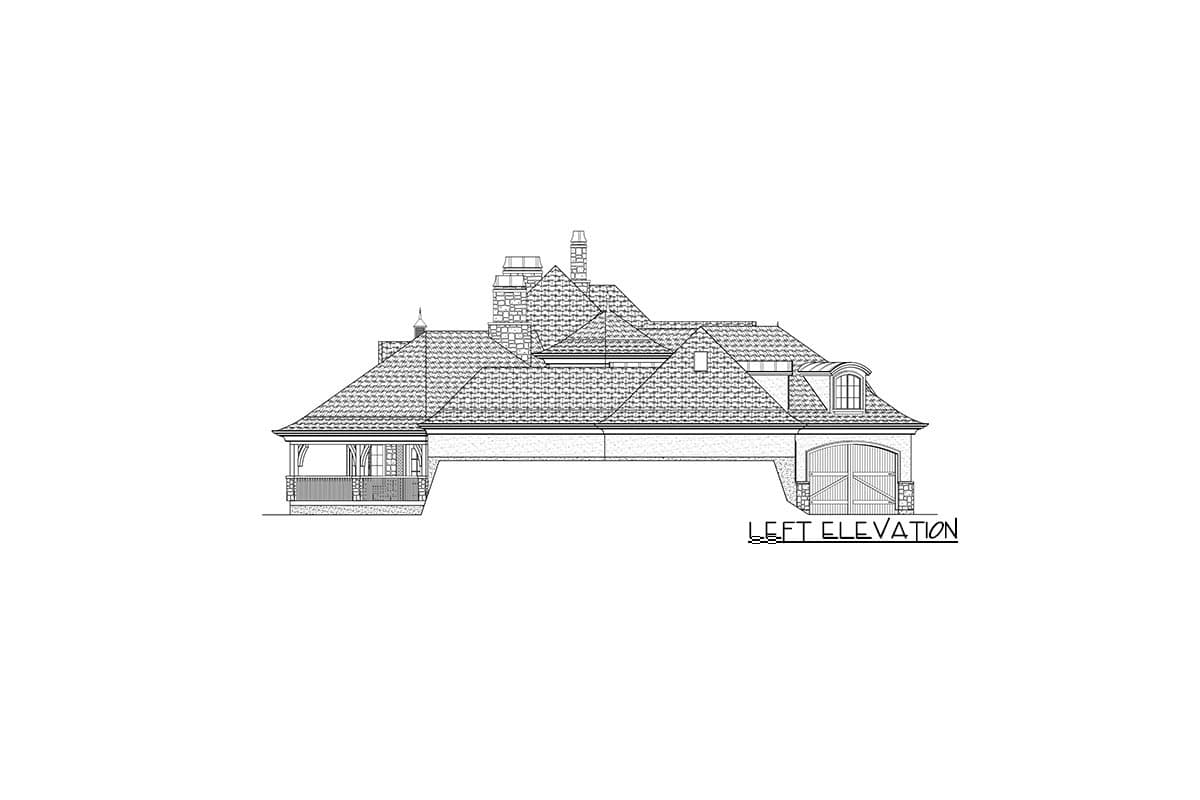 Left elevation drawing of a house plan featuring a covered porch, stone chimney, and arched garage.