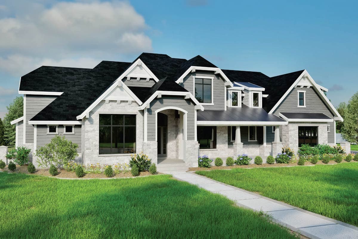 House plan exterior: Two-story Modern Farmhouse with stone and siding, gabled dormers, arched entryway, and covered porch.