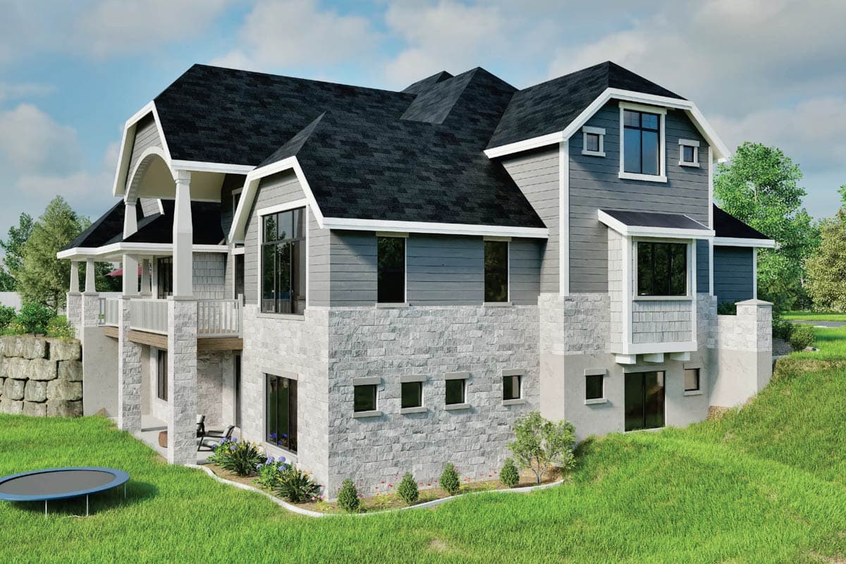 House plan exterior rendering of a multi-story home with stone and siding, multiple gables, dormers, and covered porches.