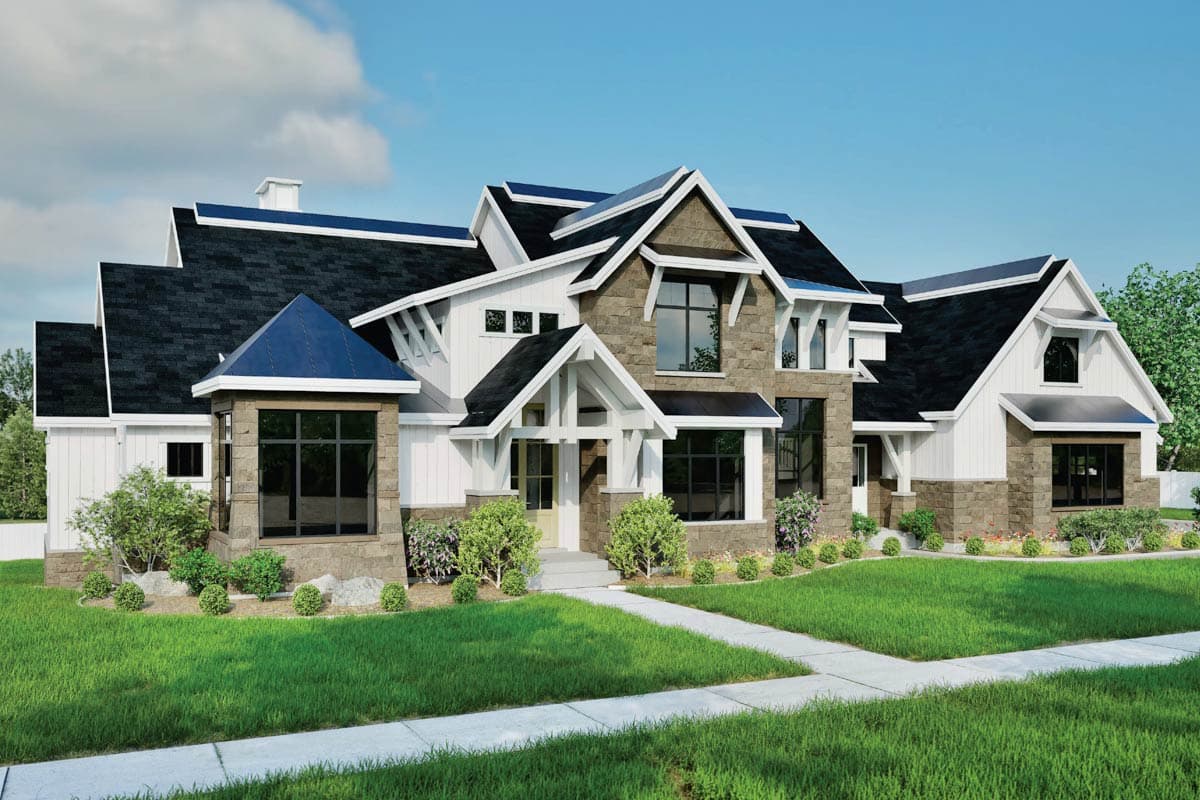 House plan exterior with stone and white siding. Features include gabled roof, multiple dormers, and a covered entry. Landscaped front yard.