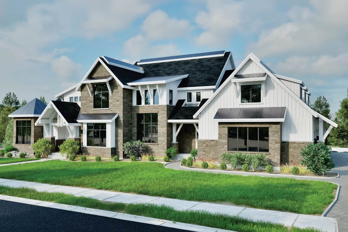 House plan exterior, two stories, stone and board and batten siding, gabled roofs, dormers, and wide eaves.