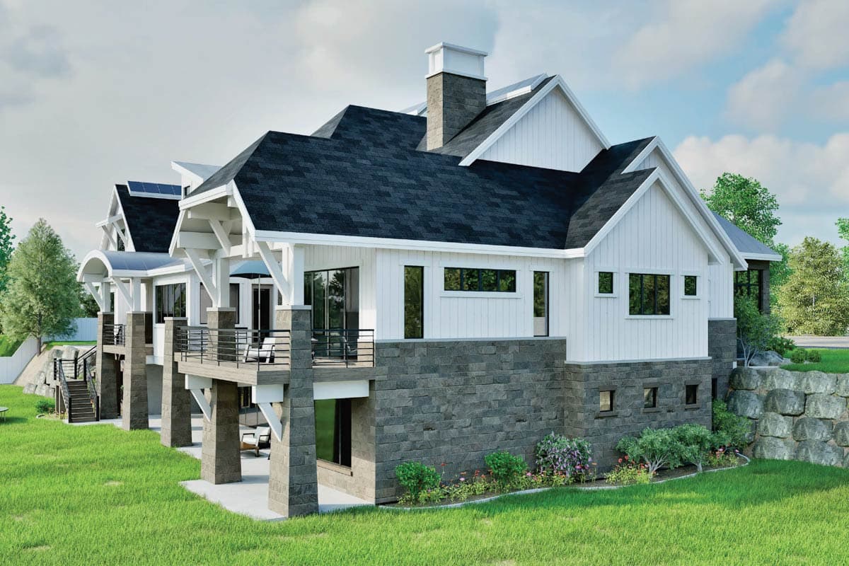 House plan exterior: Modern Farmhouse style, multi-story, with stone foundation, balconies, gables, and large windows.