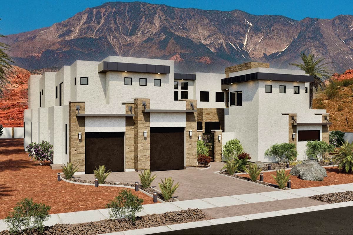 House plan exterior. Two-story Modern style with flat rooflines, a two-car garage, and stone accents. Features a long driveway and desert landscaping.