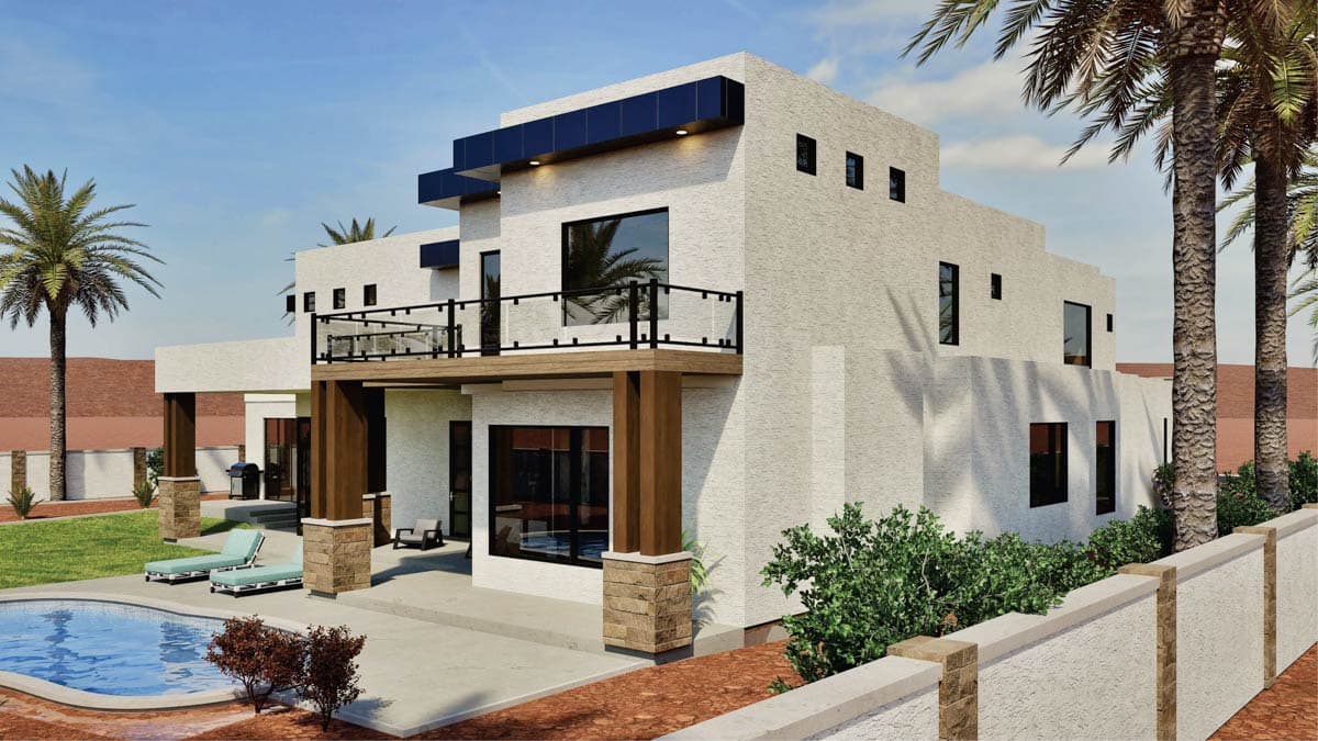 Modern two-story house plan exterior with stucco finish, flat roof, balcony with glass railing, and prominent wood columns.