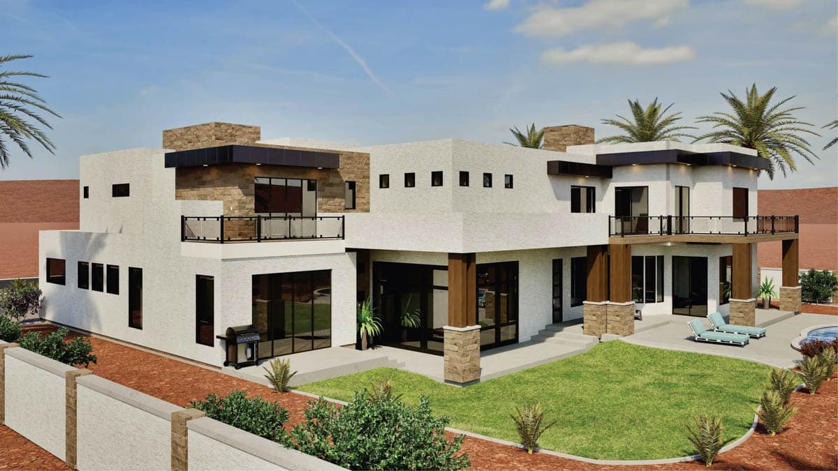 Modern two-story house plan exterior with stone accents, multiple balconies, and large windows.