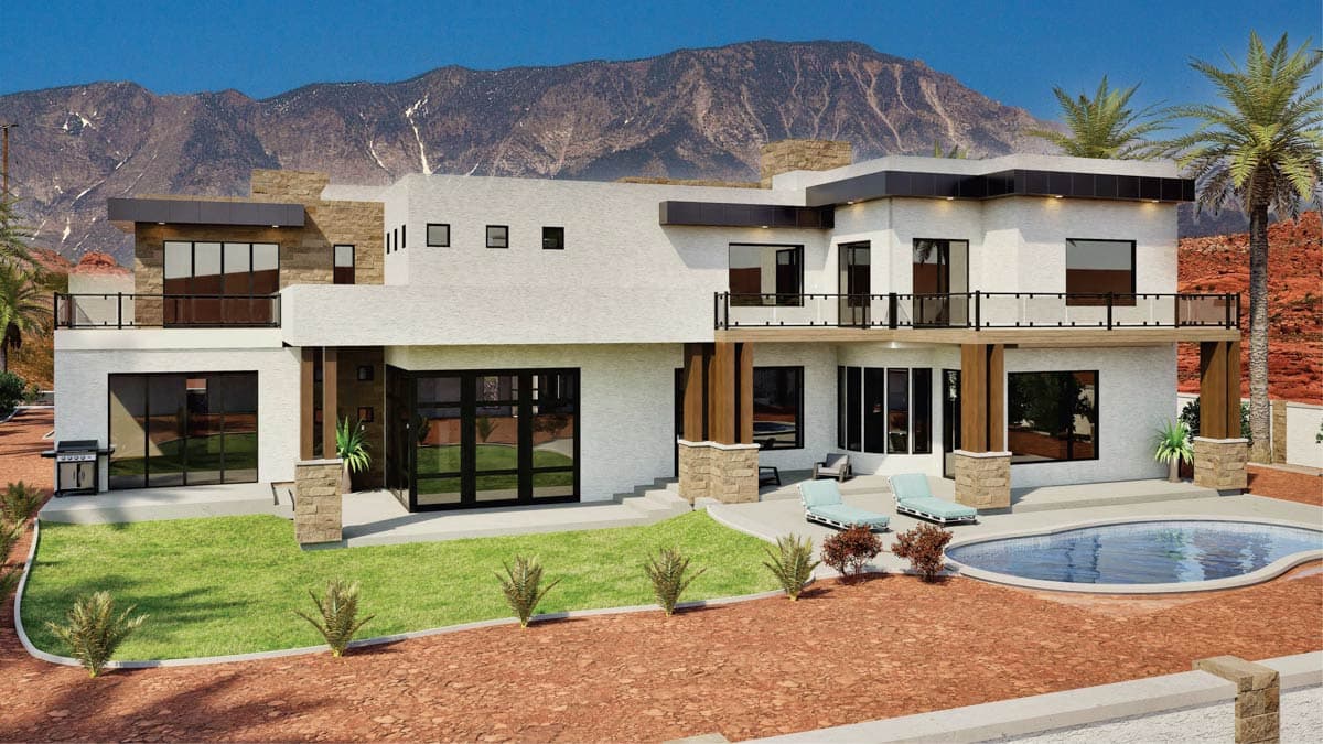 Modern house plan exterior with multiple levels, balconies, stone accents, and a swimming pool.
