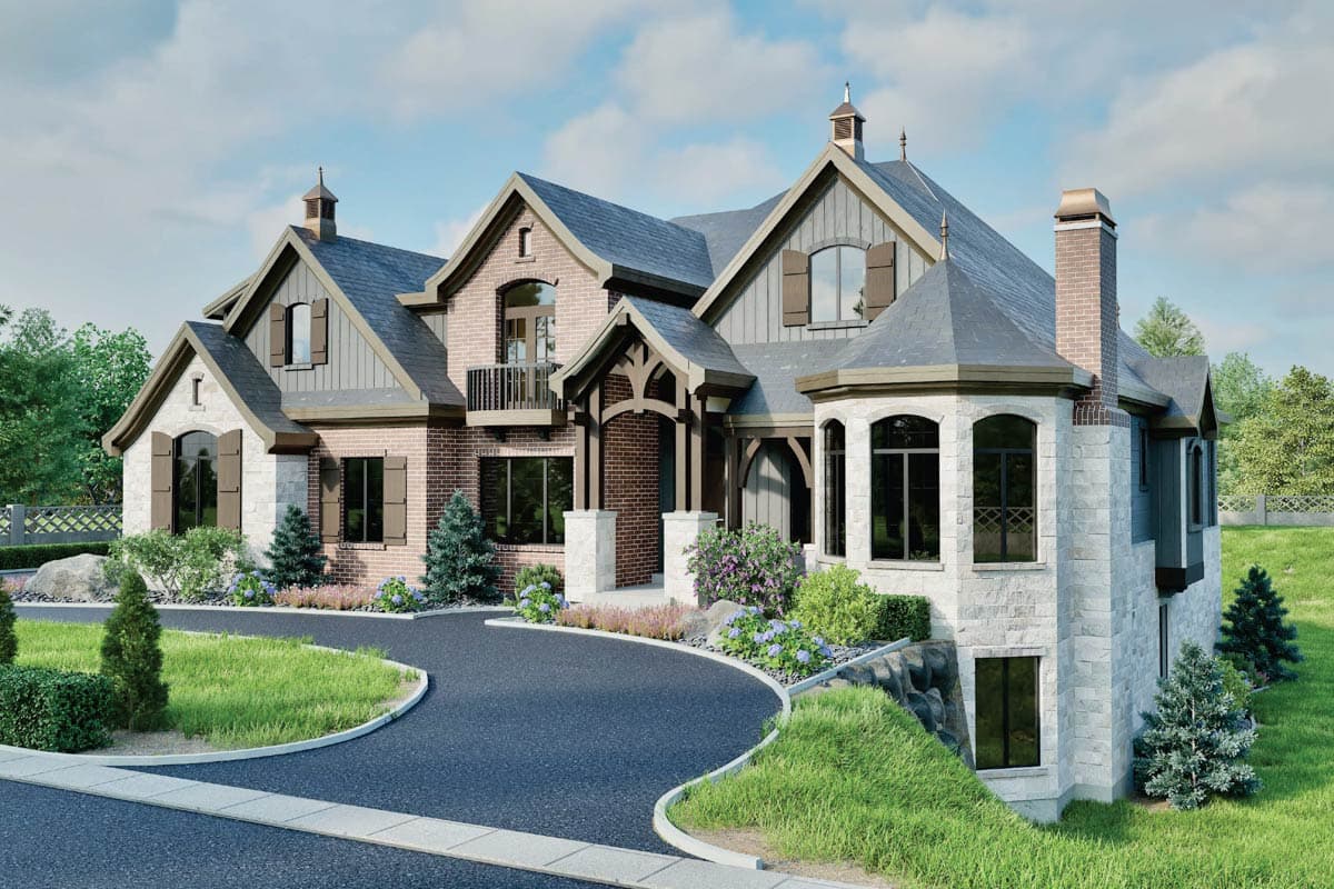 House plan exterior: European style, 2 stories, brick and stone facade, multiple gables, arched entrance, and bay windows.