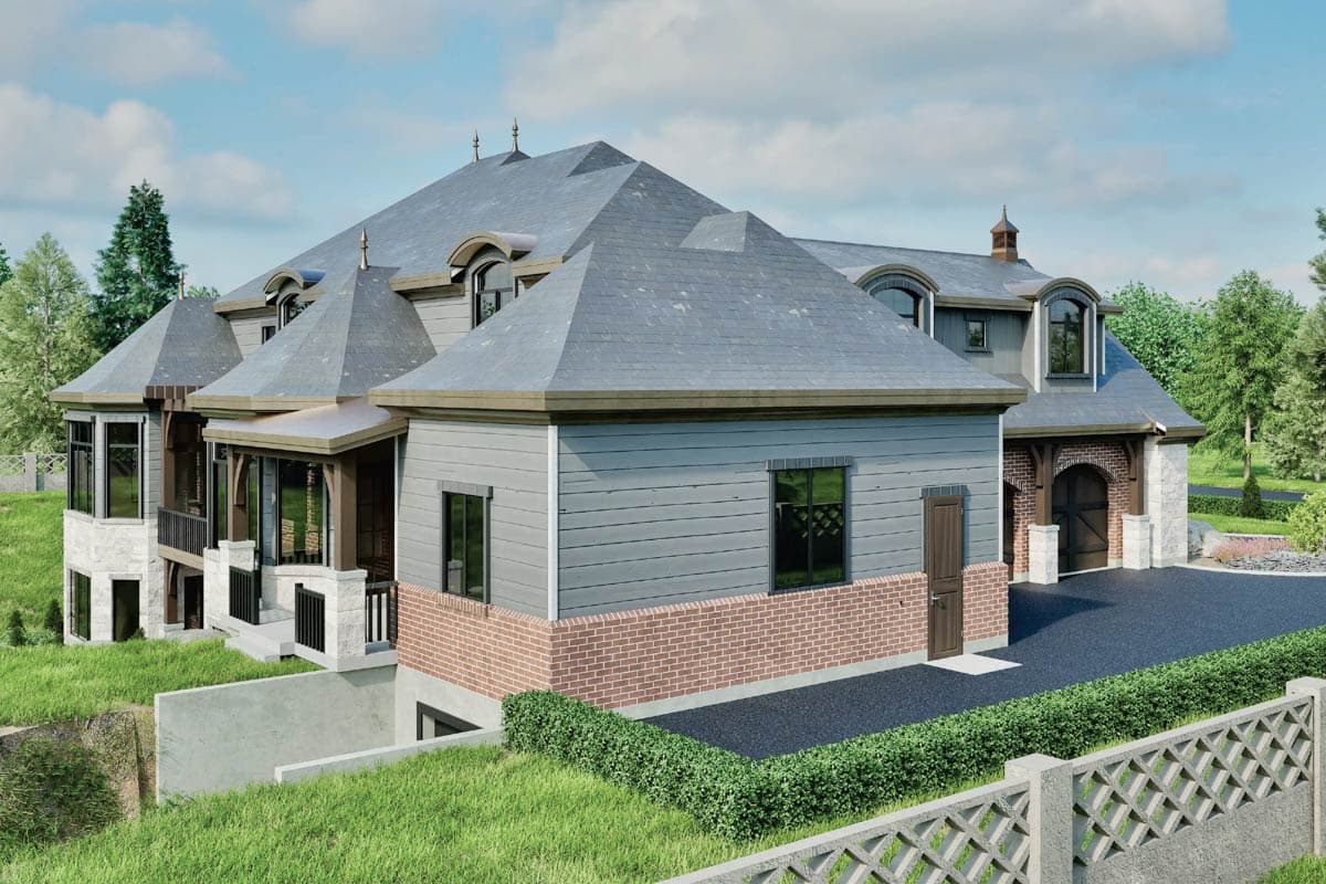 House plan exterior shows a multi-story home with prominent gables, dormers, and a covered porch.