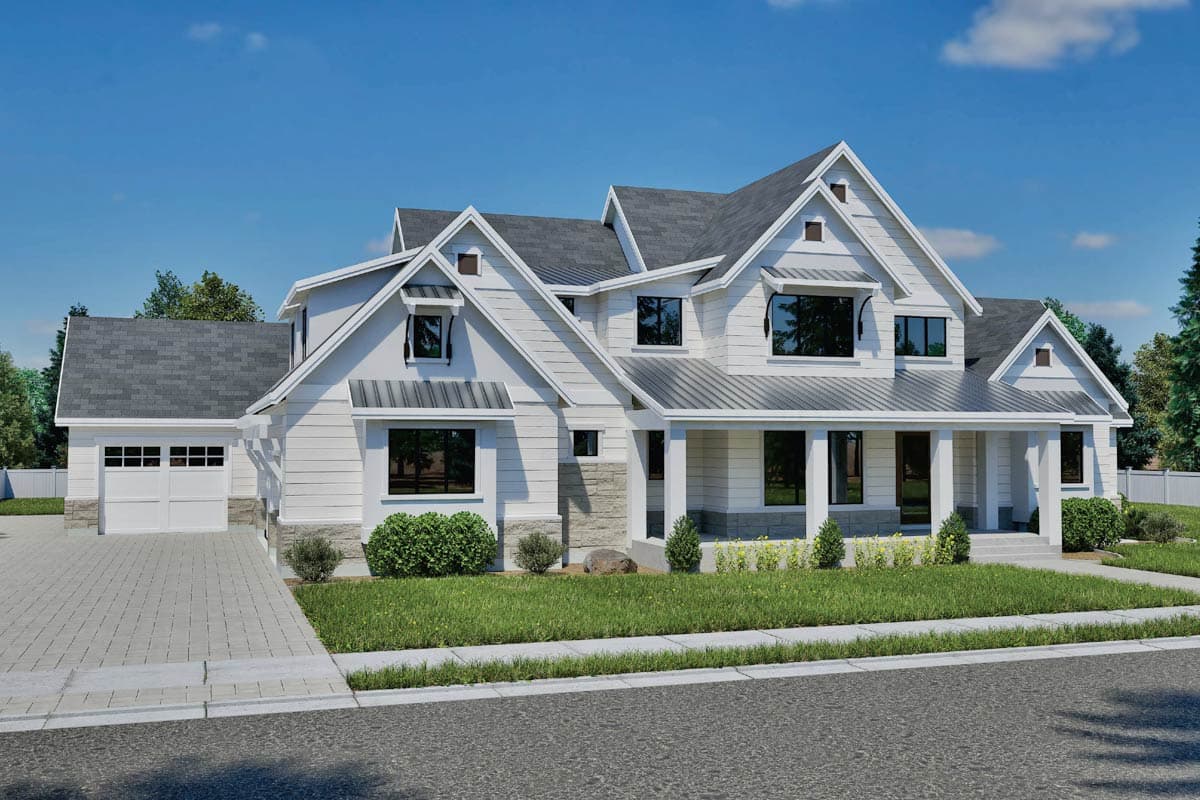 House plan exterior. Two-story Modern Farmhouse with gabled rooflines, a front porch, and a side-entry garage.