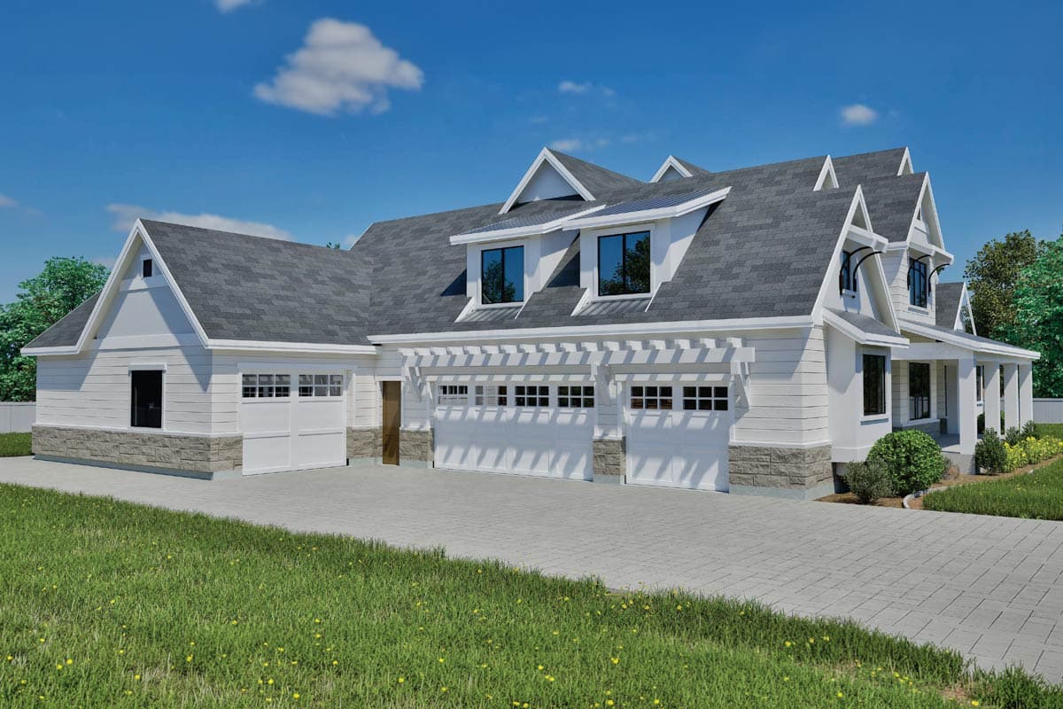 House plan exterior showing a Modern Farmhouse style with a three-car garage, multiple gables, dormers, and stone foundation accents.