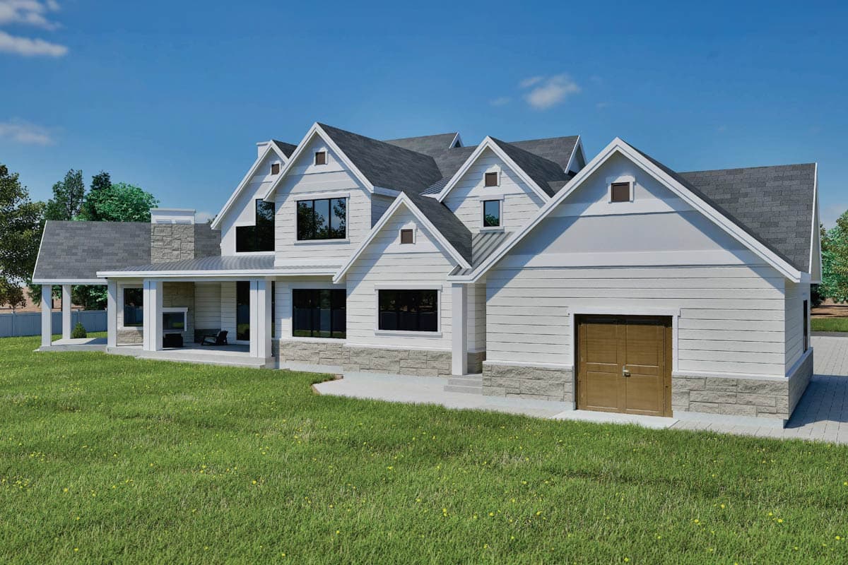 Modern Farmhouse house plan exterior: two stories, gabled dormers, covered porch with stone chimney, and side-entry garage.
