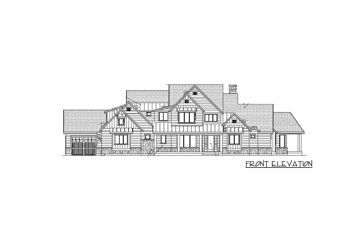 Front elevation drawing of a multi-story house with gables, stone accents, a covered porch, and a 3-car garage.