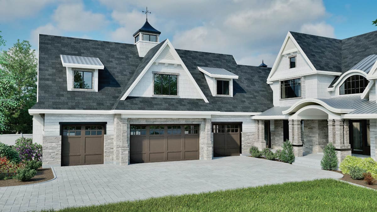 House plan exterior with three garage bays, stone facade, gabled dormers, and a cupola.
