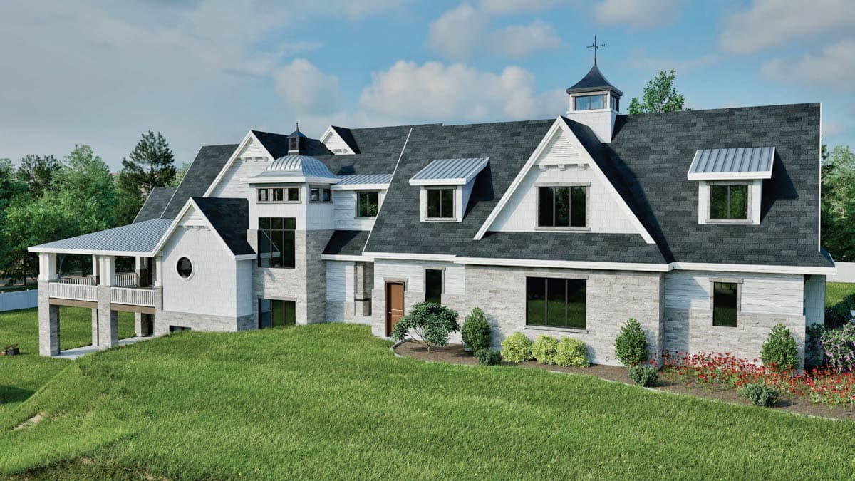 House plan exterior: Modern Farmhouse style, multiple gables, stone and shingle siding, covered porch, dormer windows.