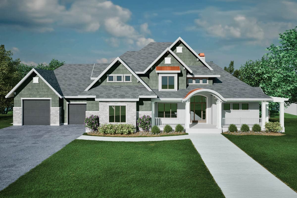 House plan exterior. Two-story Craftsman home with gabled roof, arched entryway, dormers, and attached garage. Stone and siding facade.