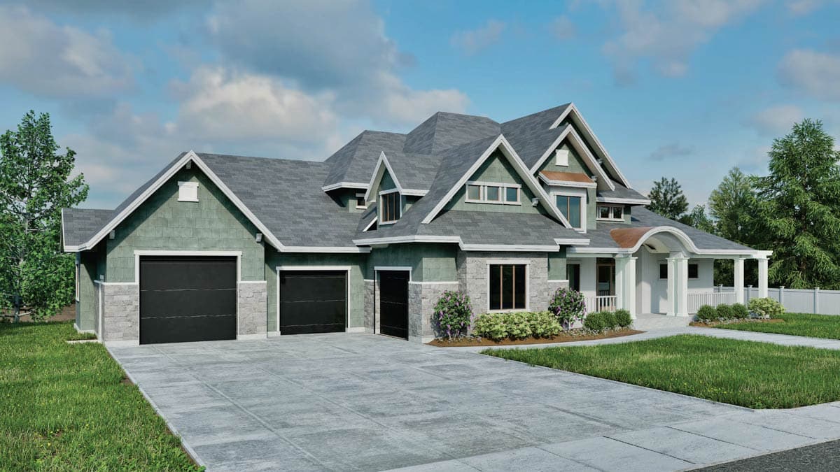House plan exterior featuring a two-car garage, a single-car garage, gabled dormers, and a covered front porch.
