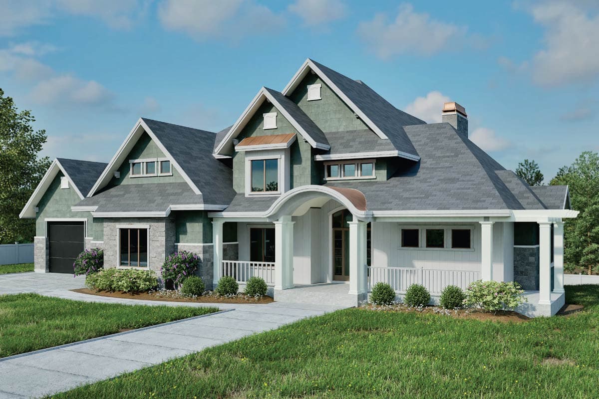 House plan exterior: Two-story modern farmhouse with gabled dormers, covered front porch, stone accents, and side-entry garage.