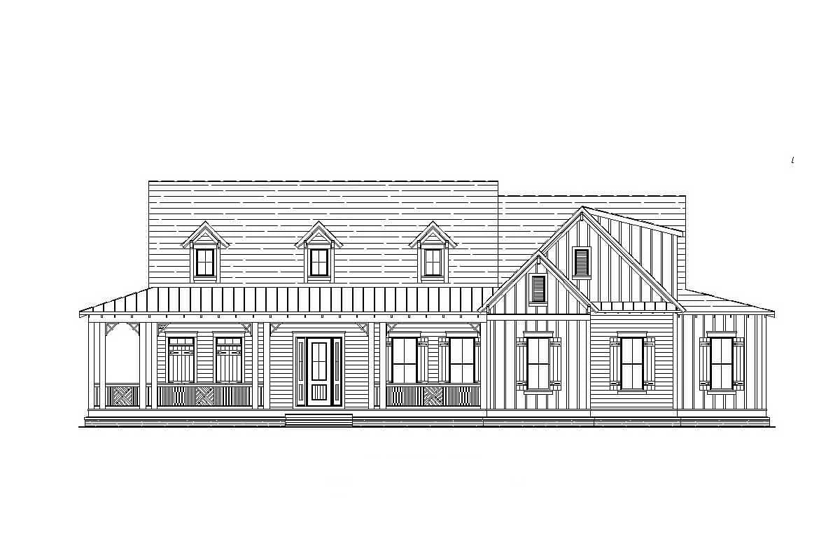 House plan exterior: two-story Modern Farmhouse with wraparound porch, prominent gables, and dormer windows.