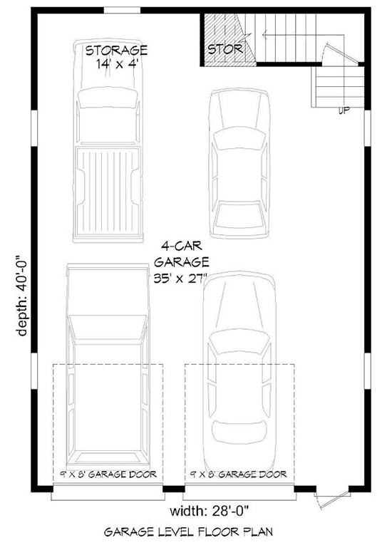 Plan 68466VR: 4-Car Tandem Garage with Man-Cave Above - Floor Plan - Garage - Carriage, Country, Traditional