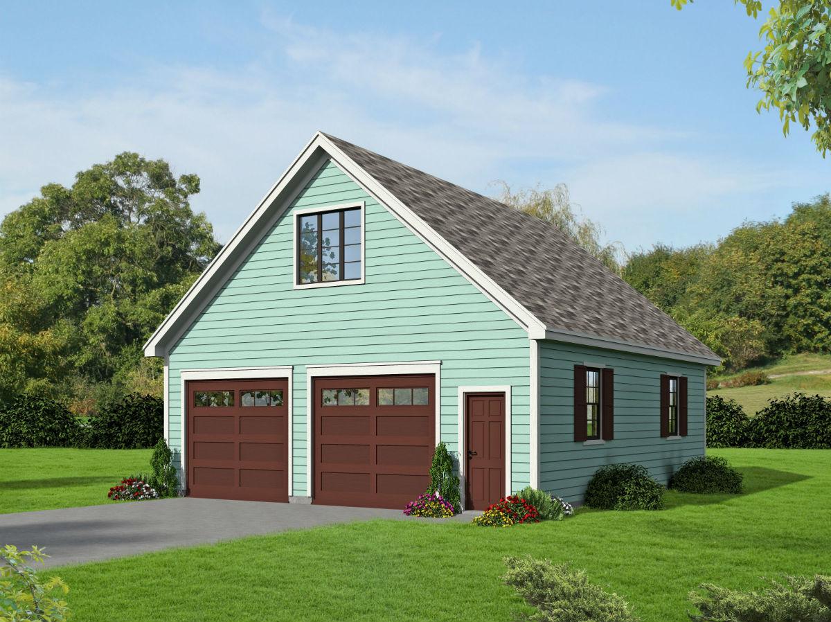 House plan exterior. Two-story garage with gable roof, two garage doors, and a small entry door. Features include dormer window and shutters.