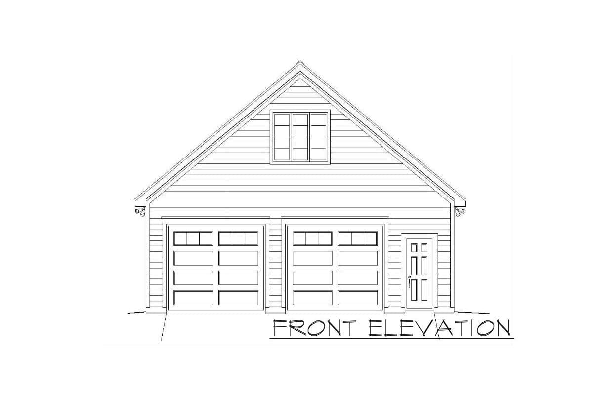 Front elevation drawing of a house plan with a gable roof, two garage doors, and a single entry door.