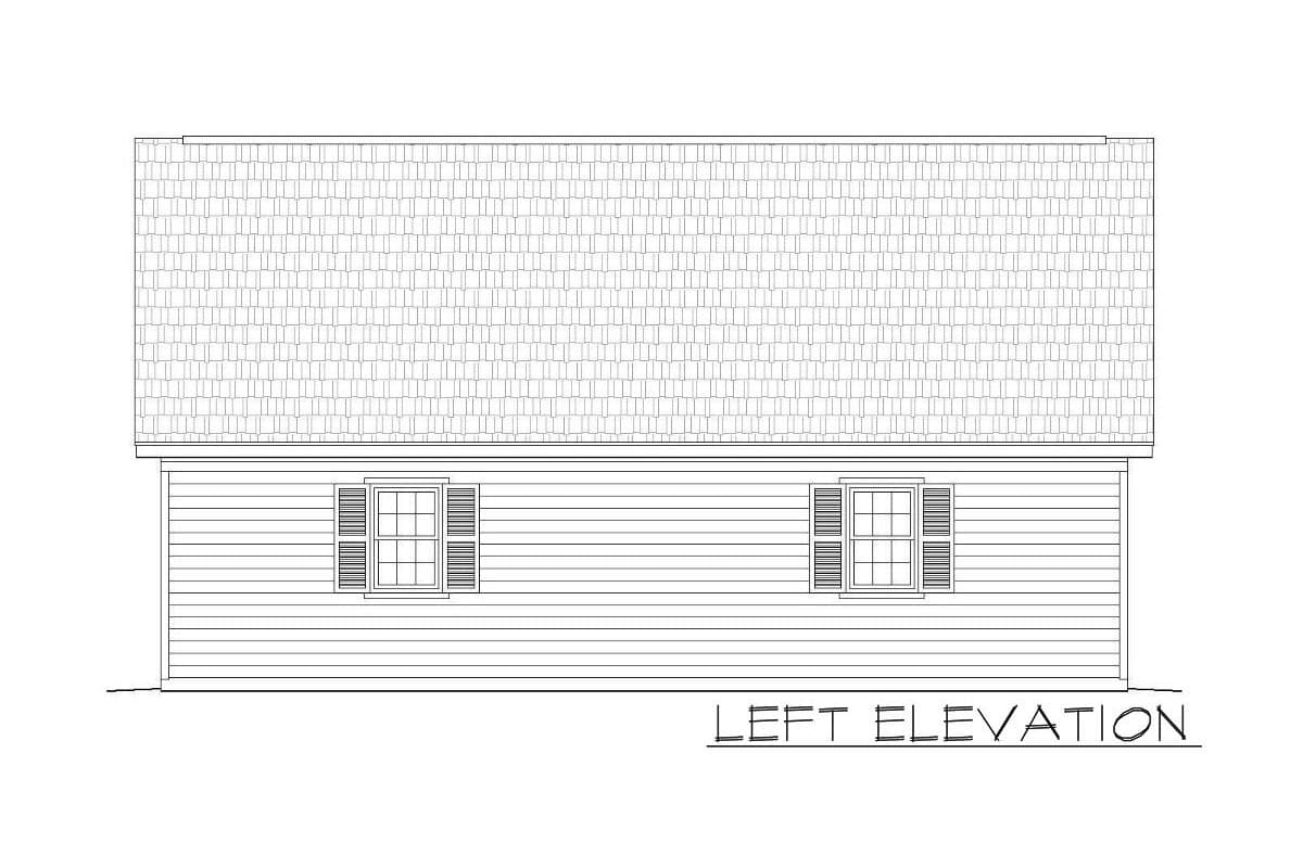 Left elevation drawing of house plan showing horizontal siding, two windows with shutters, and a shingled roof.