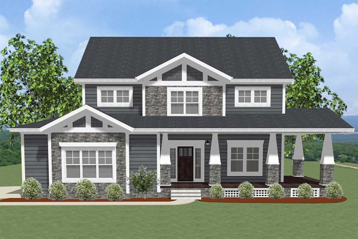 House plan exterior: Two-story Modern Farmhouse with wraparound porch, stone accents, and prominent gables.