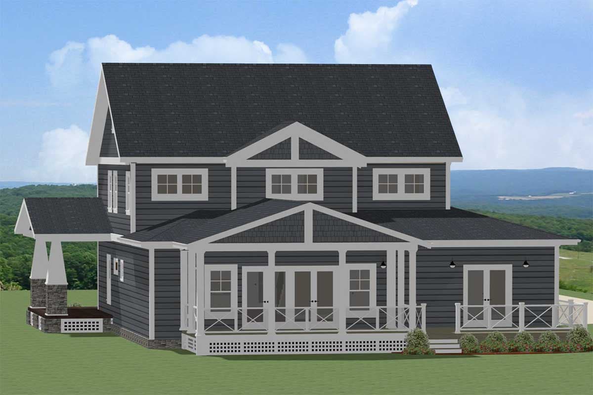 House plan exterior: Two-story Modern Farmhouse with a front gabled porch, stone-accented side entrance, and multiple dormers.
