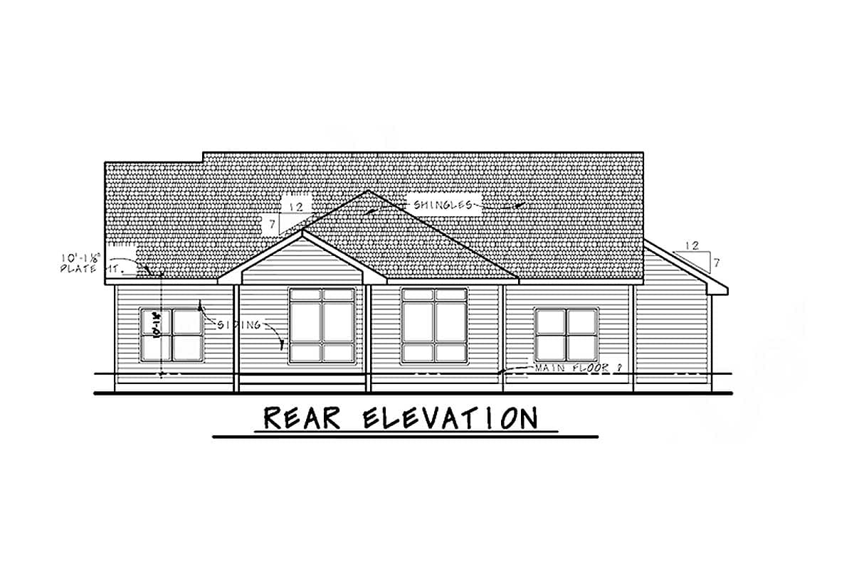 Rear elevation house plan drawing with siding, multiple windows, and shingled roof.