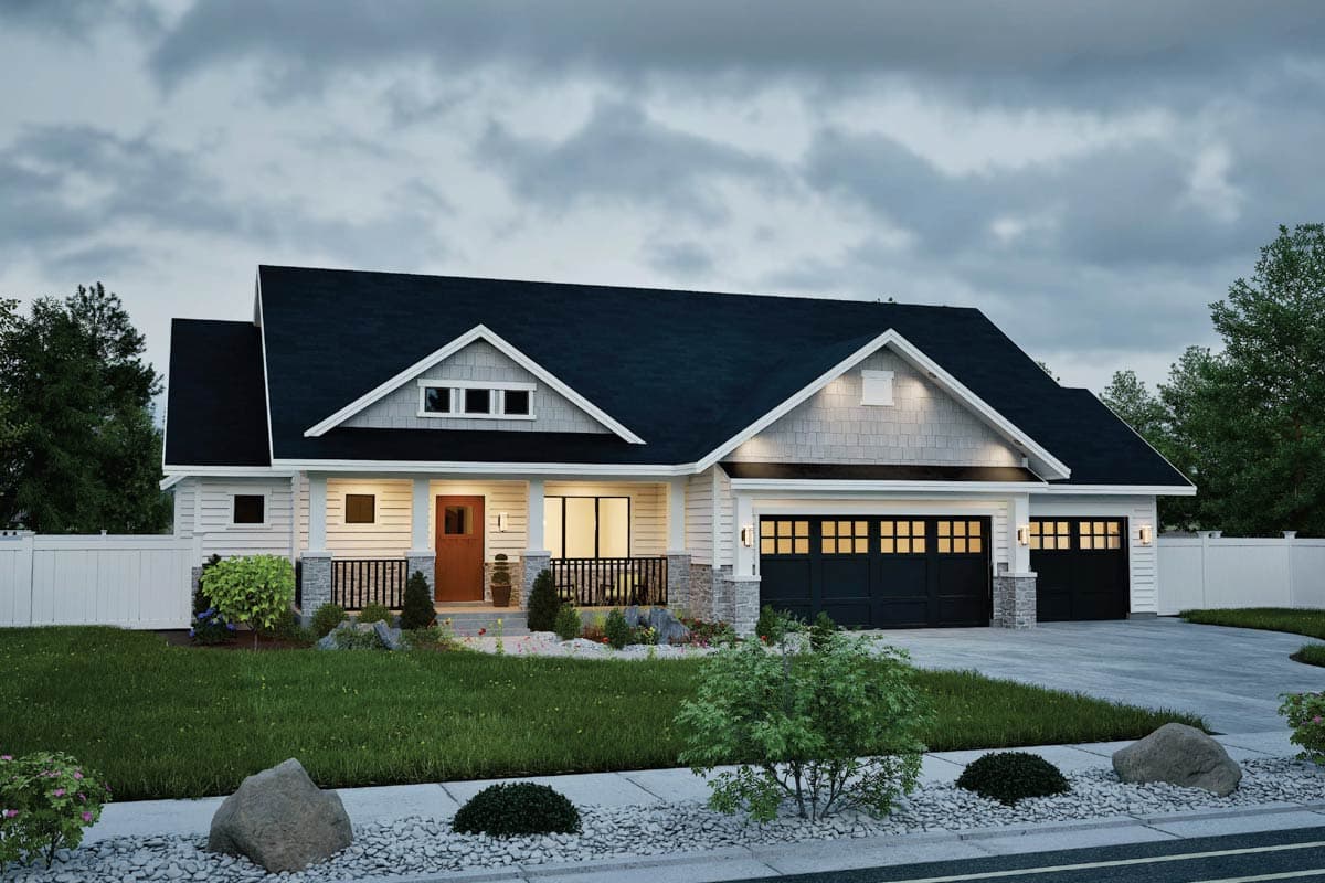 House plan exterior. Craftsman style, single-story home with gables, a covered porch, and a side-entry garage.