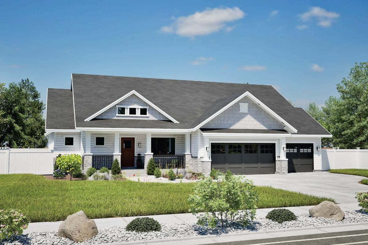 Modern Farmhouse house plan exterior. One story with a covered porch, gable dormers, stone accents, and a triple-car garage.