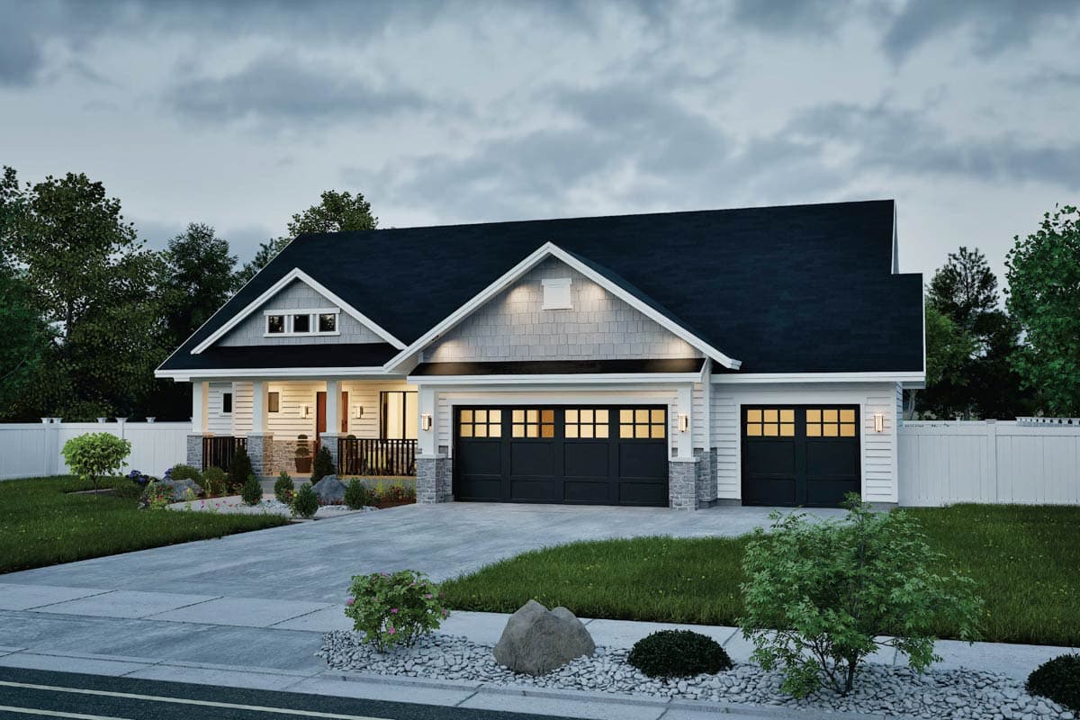 Modern Farmhouse house plan exterior with a covered front porch, a three-car garage, and multiple gables.