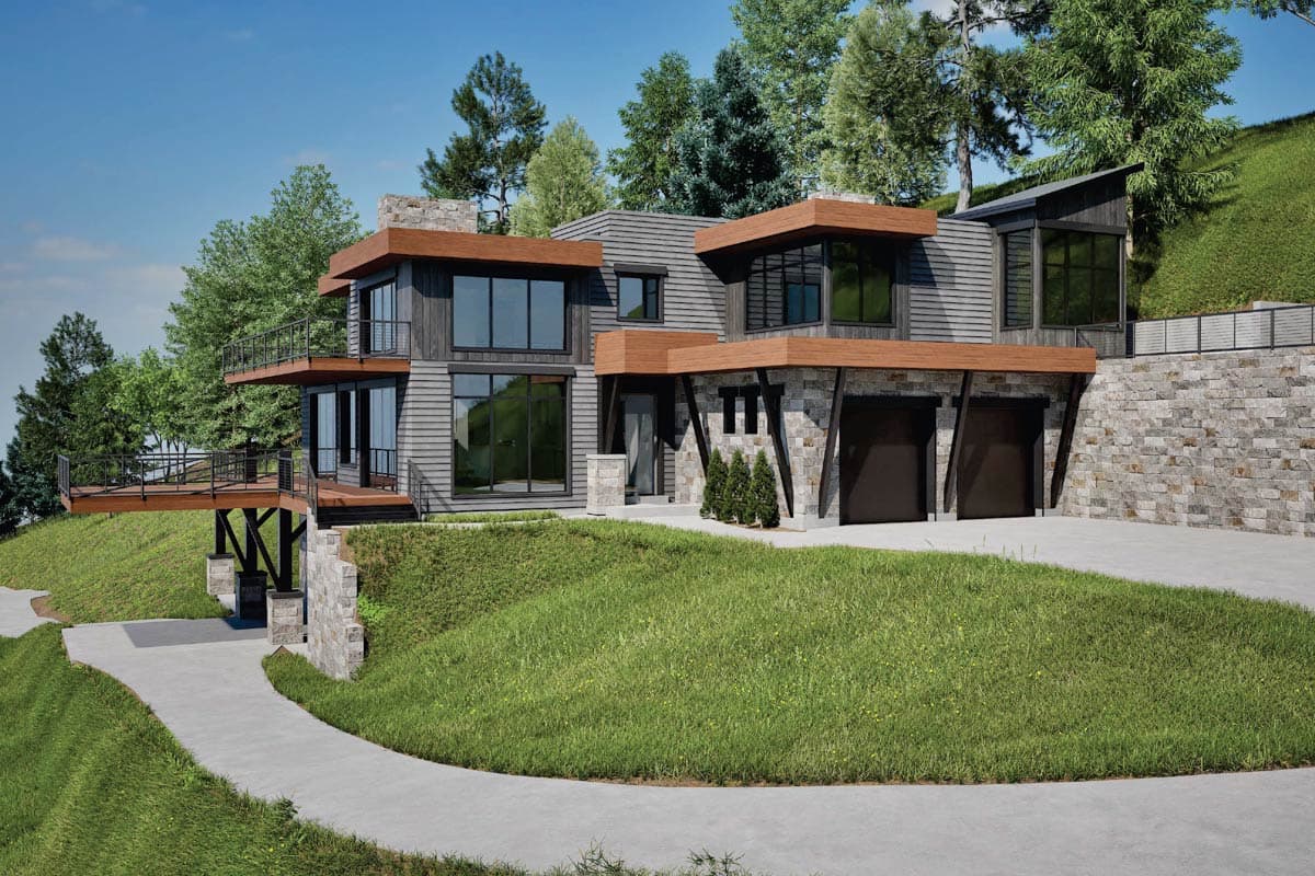 House plan exterior. Modern style, two-story home with wood accents, expansive windows, and a cantilevered deck. Attached garage and stone facade.