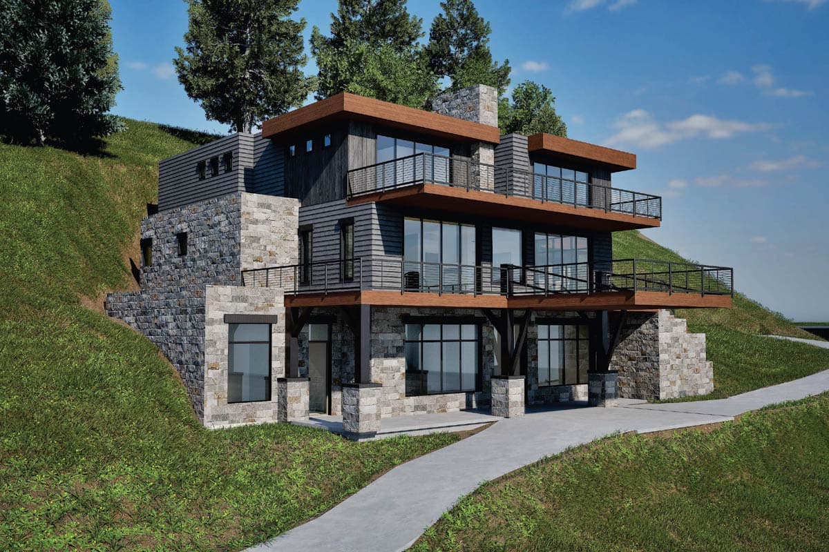 Modern house plan exterior with stone and wood siding, multiple balconies, and large windows on a sloped lot.