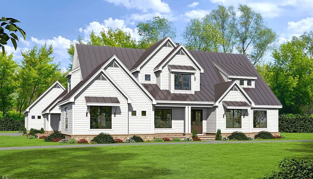 House plan exterior: Modern Farmhouse style, two stories, white siding, metal roof, prominent gables, dormers, and covered porch.
